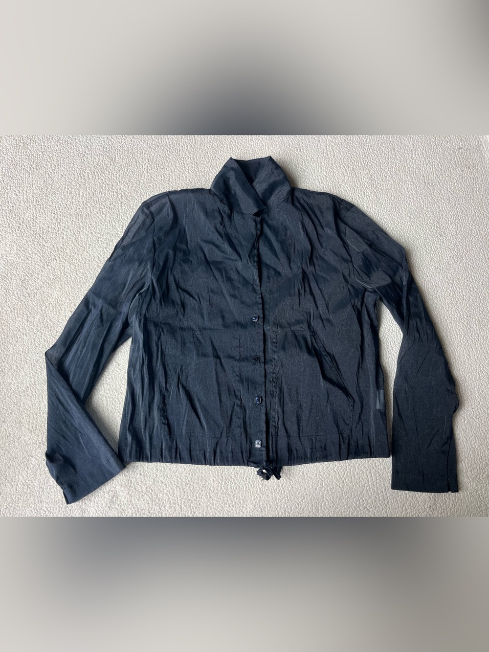 Taifun Navy Sheer Button Down Cropped Blouse Womens 8